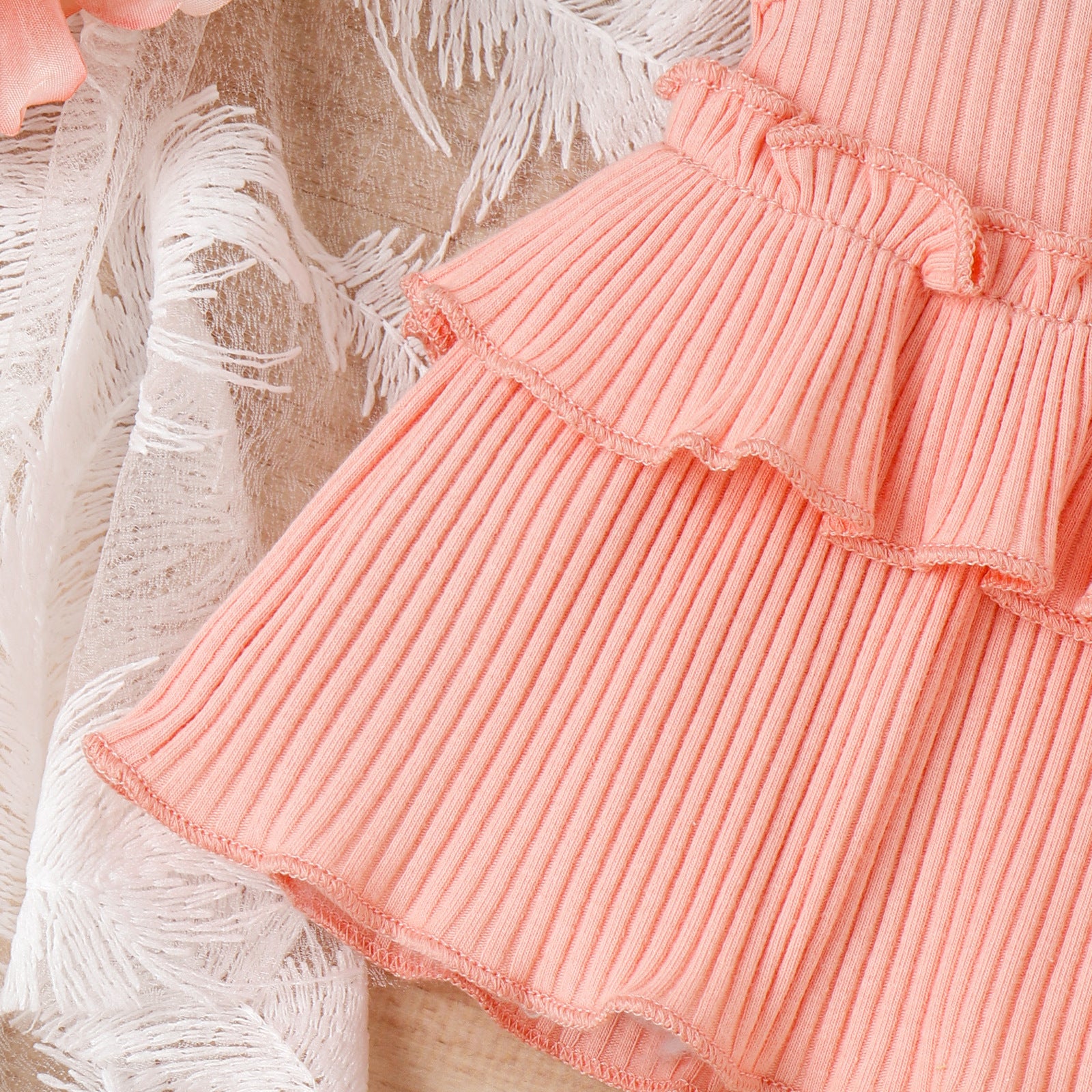 Children's Clothing Springsummer Young And Little Girls Sling Lace-collared Blouse Horn Sunken Stripe Trousers Two-piece Suit
