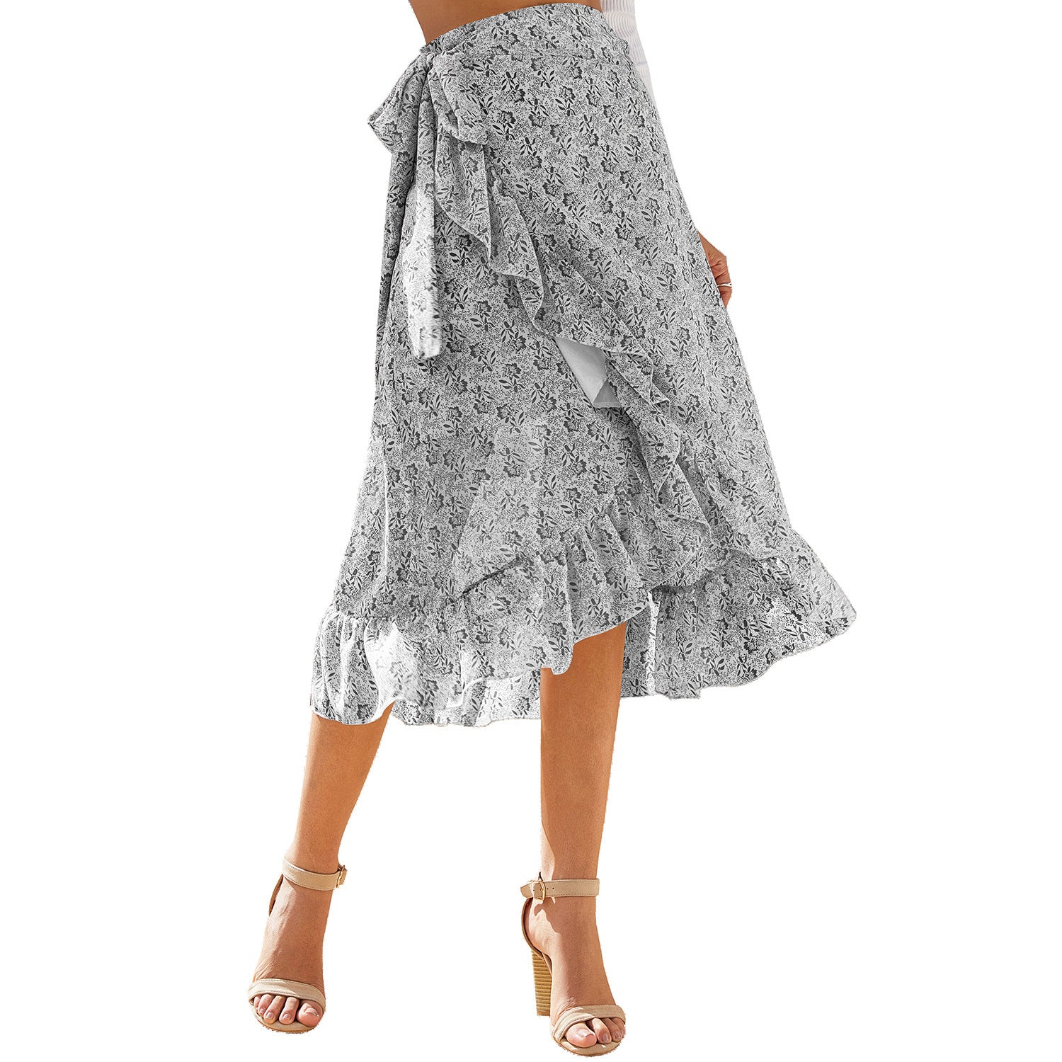 Bohemian Floral Chiffon Irregular Midi Skirt – Lace Print with Silk Lining