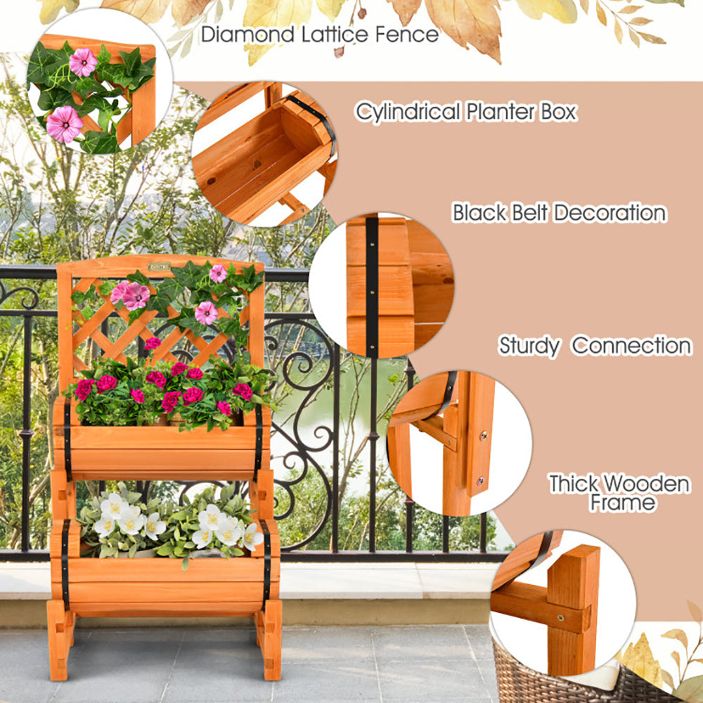 Wooden 2-Tier Raised Garden Bed With 2 Cylindrical Planter Boxes And Trellis