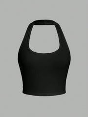 Solid Color Cropped Halter Neck Slim Fit Tank Top For Women