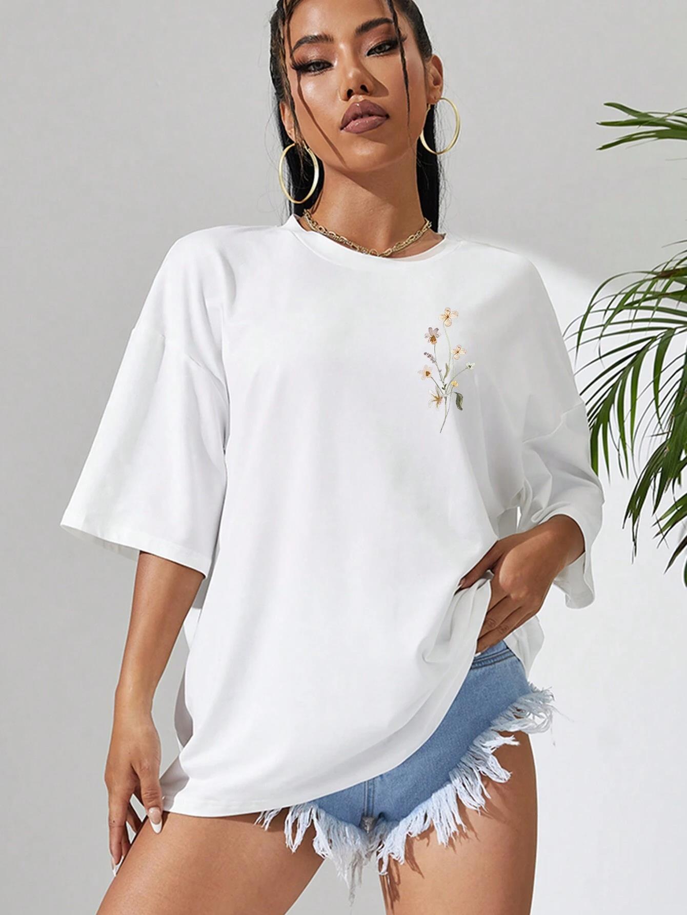 Women's Loose Fit Cotton Flower Clusters Print T Shirt