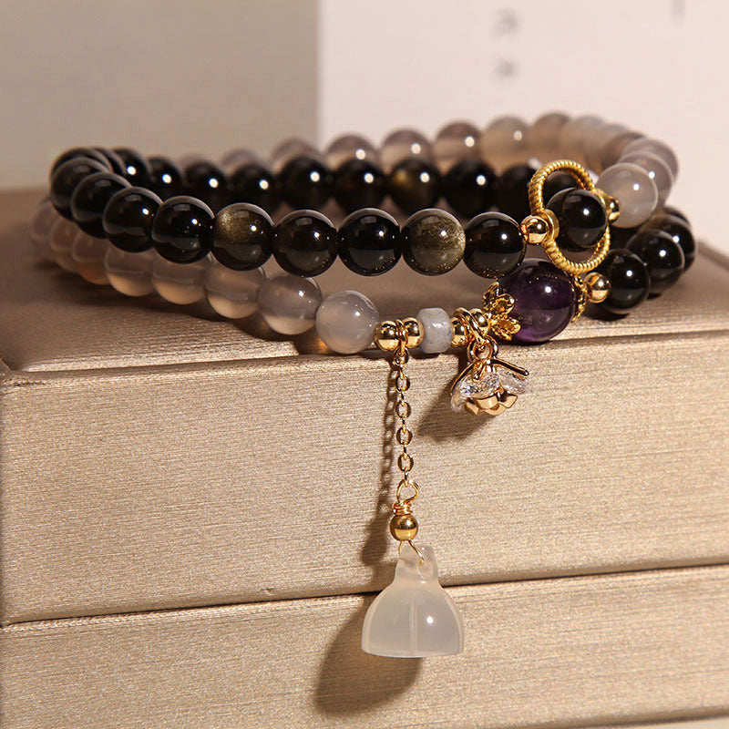 All-Match Gold Obsidian Lotus Seedpod Pendant Natural Gray Agate Double Ring Crystal Bracelet For Women