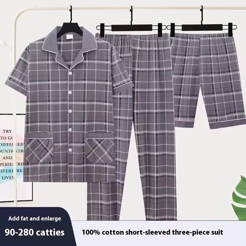 Three-piece Pajamas Men's Summer Pure Cotton Short Sleeve Trousers Suit