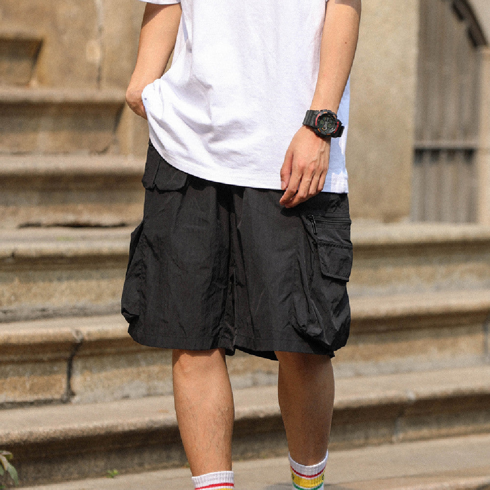 Men's Cargo Shorts Polyester Mid-Waist Solid Color Black
