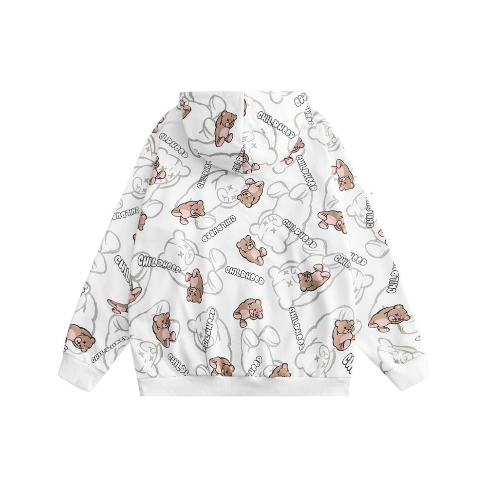 Cartoon Bear Full Print Hooded Sweater Men Lazy Trend Pullover Street Loose
