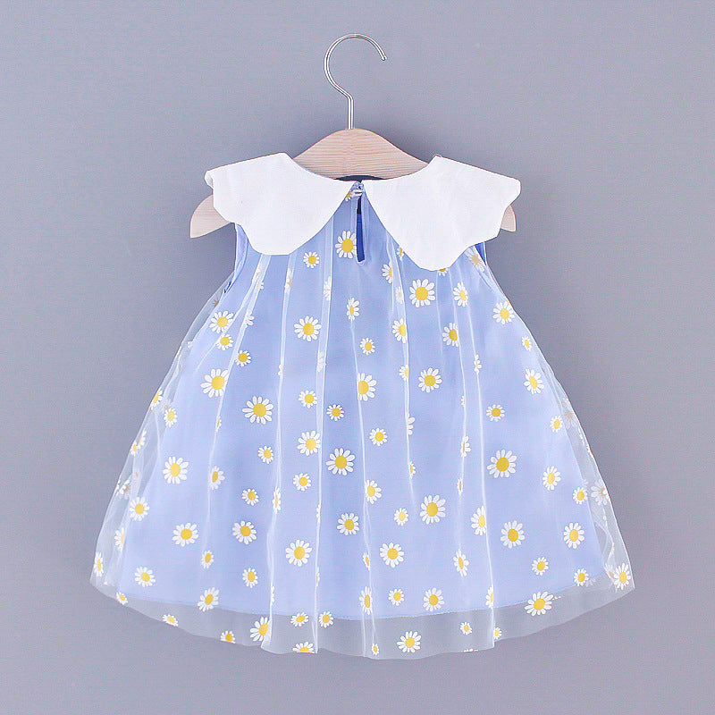 Sweet Style Pure Color Mesh Cute Lapel Sleeveless Children Shirt