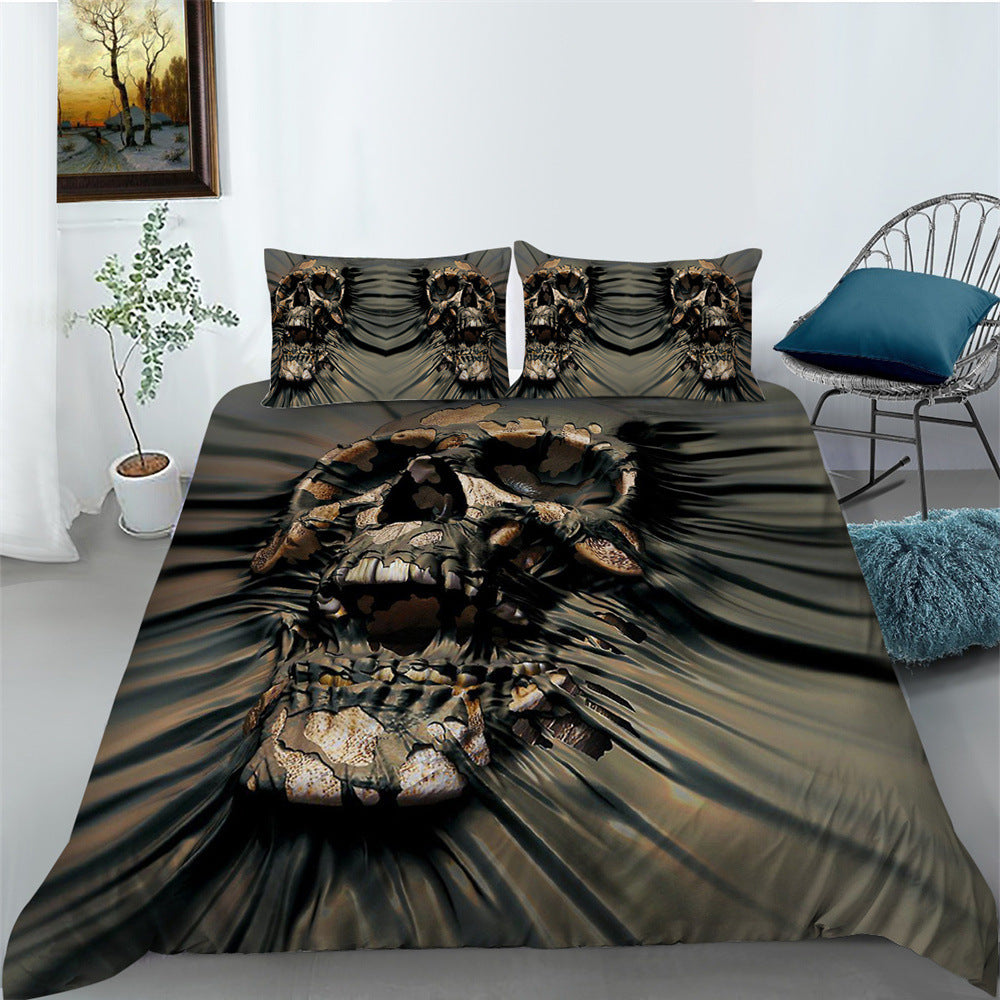3D Printed Skull Pattern Three-Piece Chemical Fiber Bedding Set
