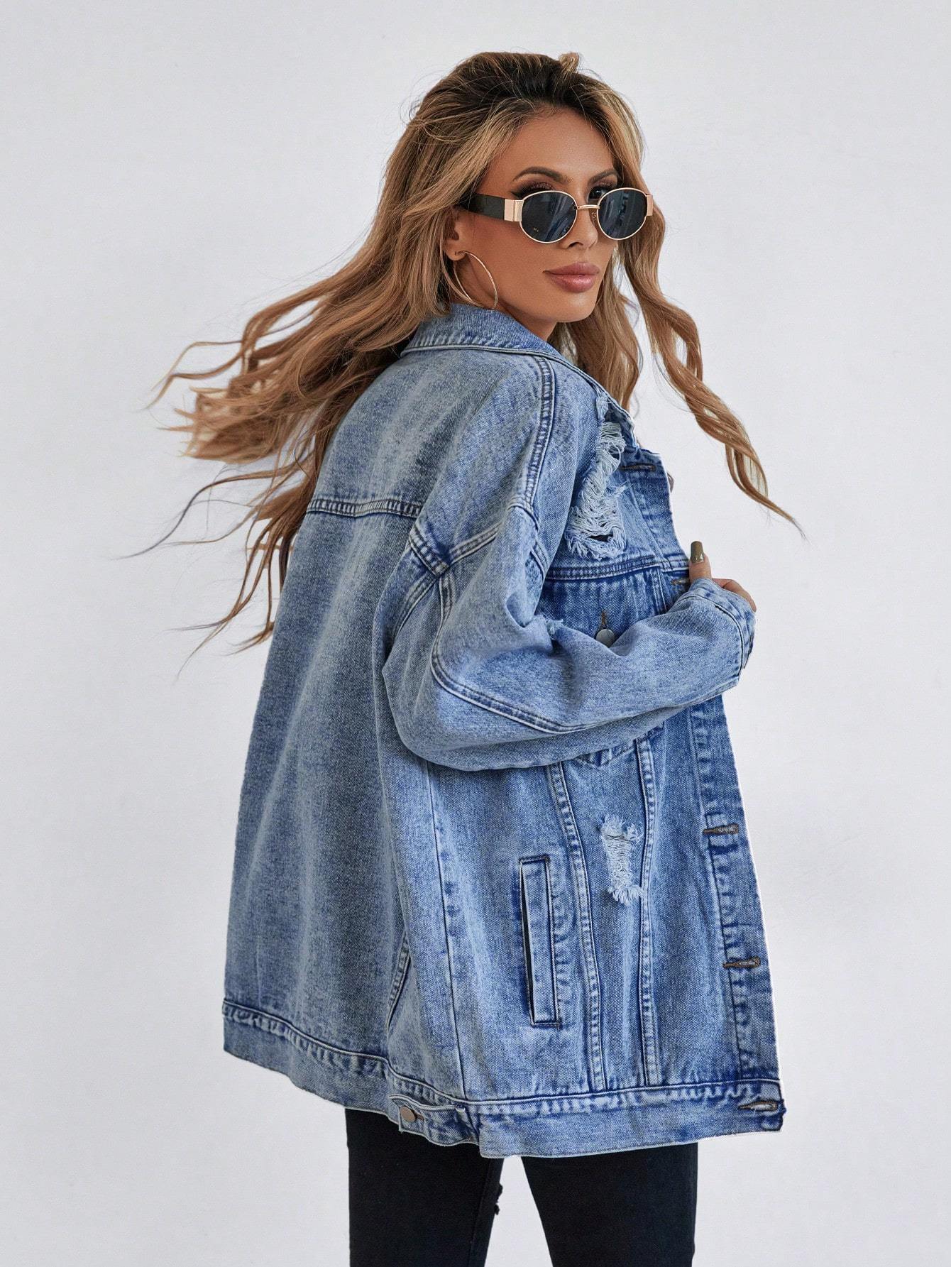 Unisex Drop Shoulder Denim Jacket Front Flap Pocket