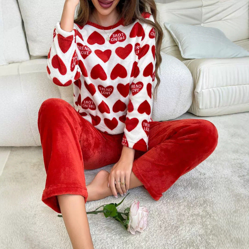 Unisex Flannel Pajama Set Thickened Red Polyester Sleepwear