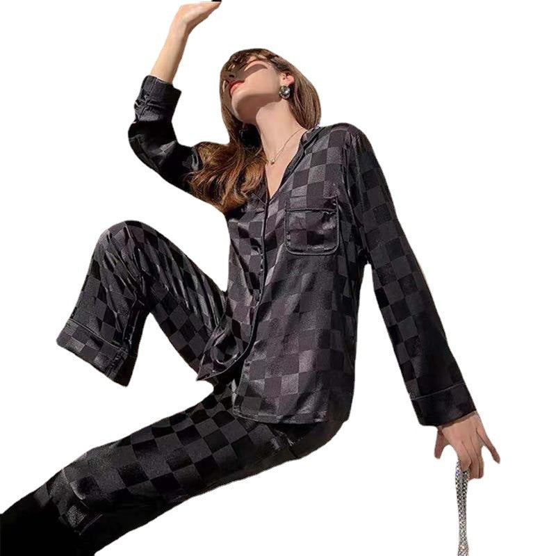 Women's Fashion Jacquard Plaid Ice Silk Home Wear Suit