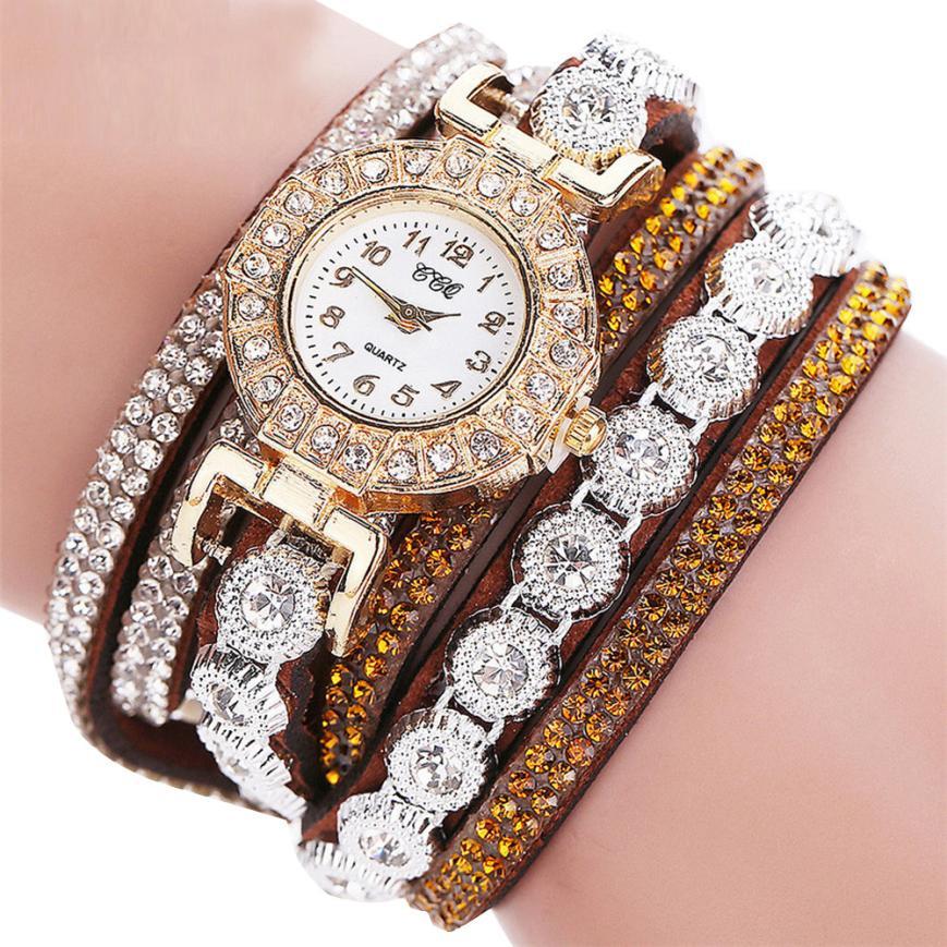 Fashion Luxury Women's Quartz Rhinestone PU Leather Bracelet Watch