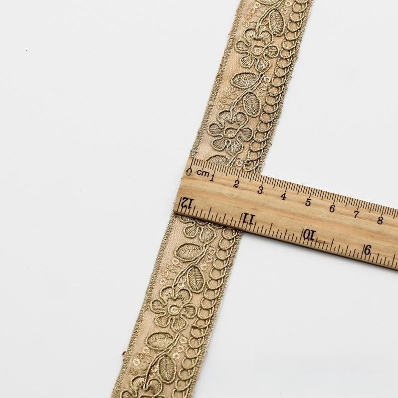 3cm Wide Ethnic Style Lace Chiffon with Golden Strand Embroidery – 10 Colors, Clothing Collar Accessories