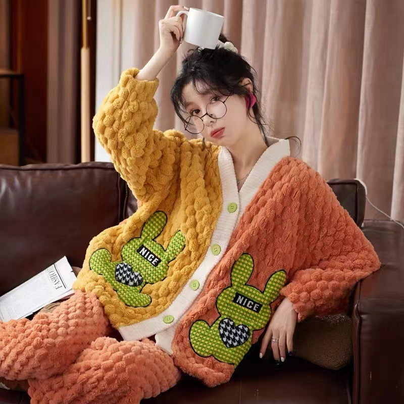 Women's Cartoon Flannel Winter Loungewear Set Relaxed Fit