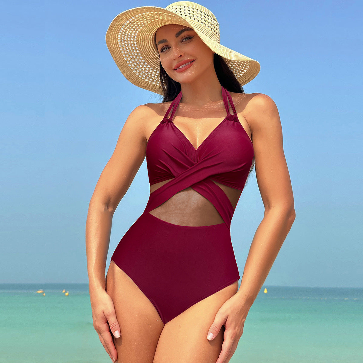 Women’s Mesh Cross-Strap One-Piece Swimsuit – Summer Beach