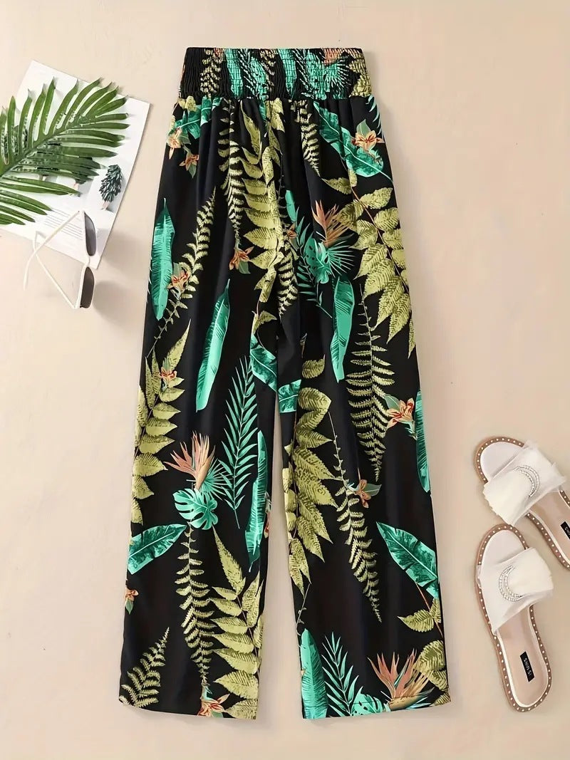 Floral Lace-Up Wide Leg Pants – Women’s Vacation Style Elastic Waist Trousers