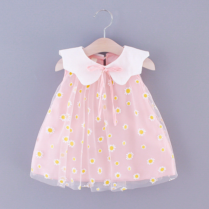 Sweet Style Pure Color Mesh Cute Lapel Sleeveless Children Shirt