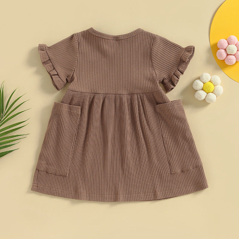 Girls' Sunken Stripe Cotton Short Sleeve Dress Round Neck Solid Color A- Line Skirt