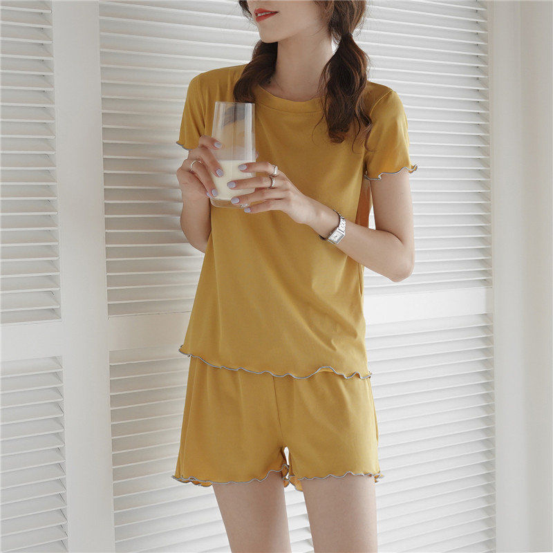 Women's Fashion Casual Stringy Selvedge Short Sleeve Shorts Two-piece Set