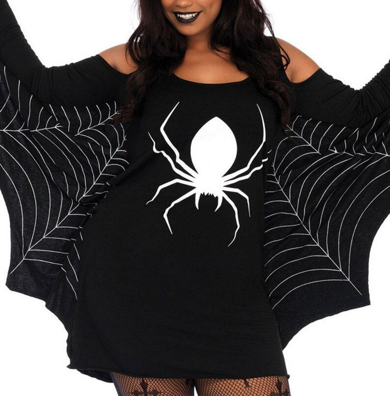 Women’s Black Spider Web Bodycon Dress – Halloween Party Costume Outfit with Short Sleeves