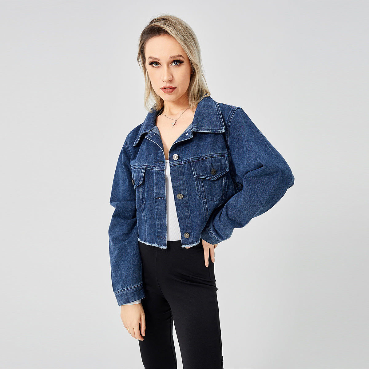 Unisex Raw Edge Relaxed Denim Jacket with Retro Style
