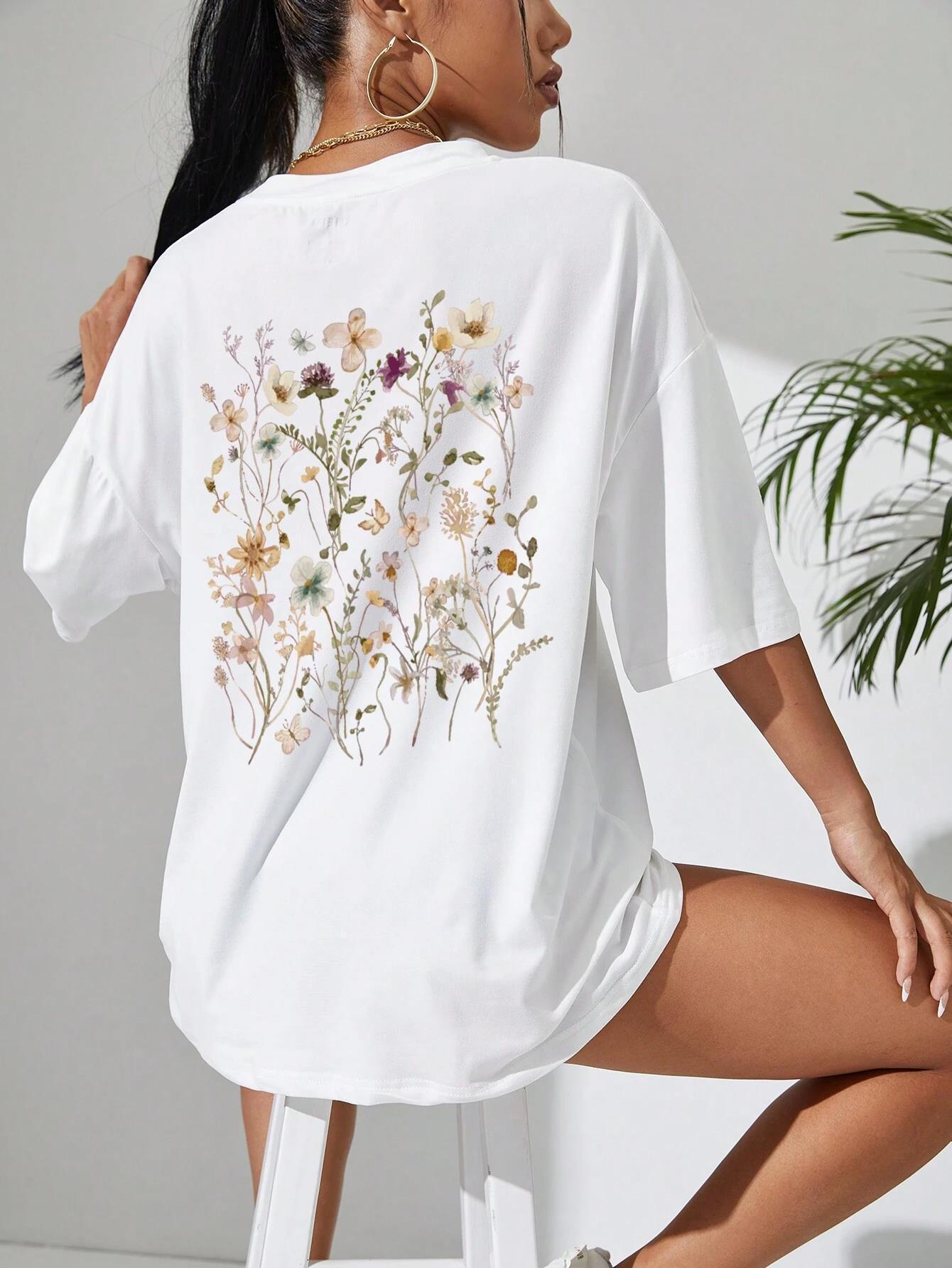Women's Loose Fit Cotton Flower Clusters Print T Shirt