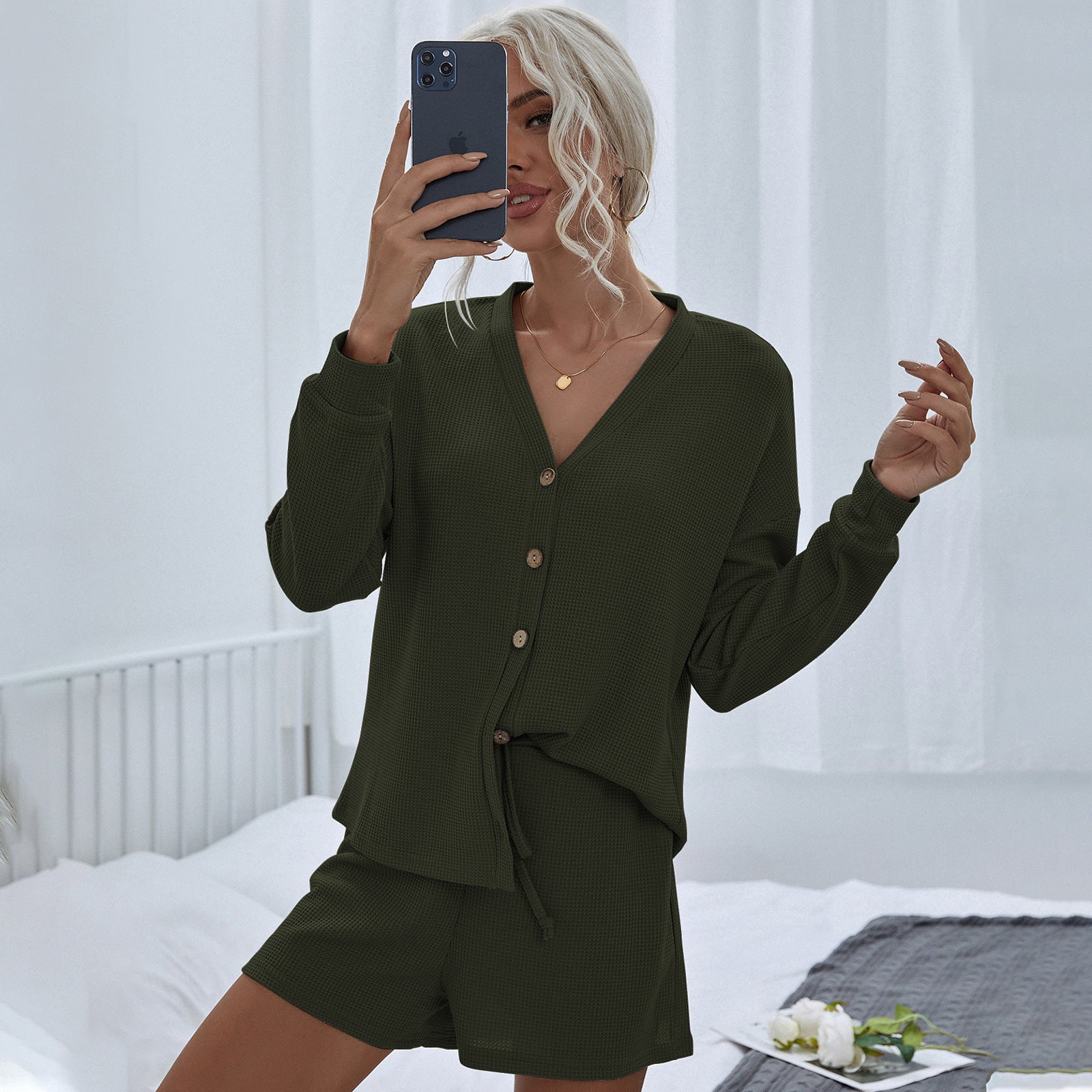 Waffle Polyester Two Piece Loungewear Pants Set Unisex