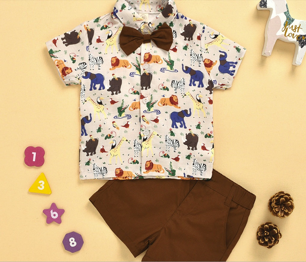 Toddler Boys Gentleman Outfit Set – Short Sleeve Cartoon Bow Tie Shirt with Solid Shorts (Infant Kids Fashion Set)