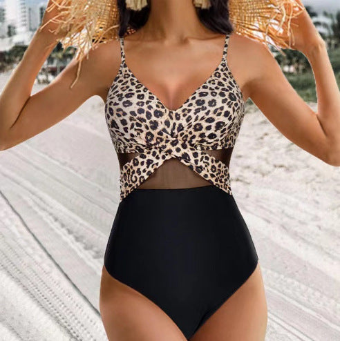 Women’s Mesh Cross-Strap One-Piece Swimsuit – Summer Beach