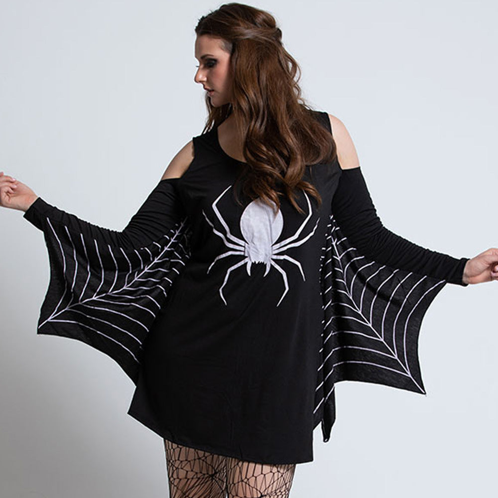 Women’s Black Spider Web Bodycon Dress – Halloween Party Costume Outfit with Short Sleeves