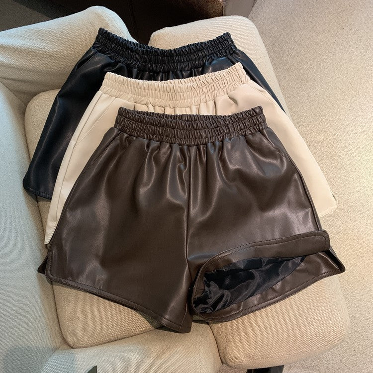 Women’s PU Leather Shorts – High-Waist, Loose Fit with Side Slits, Casual Chic
