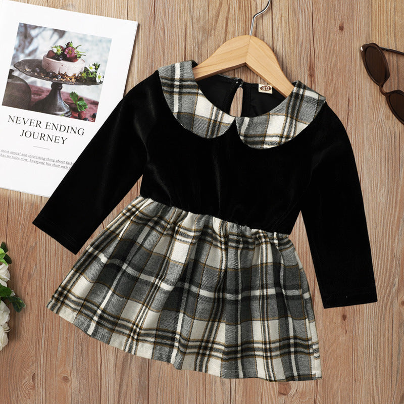 Cute Solid Color Black Long-sleeved Plaid Short Skirt Baby Dress