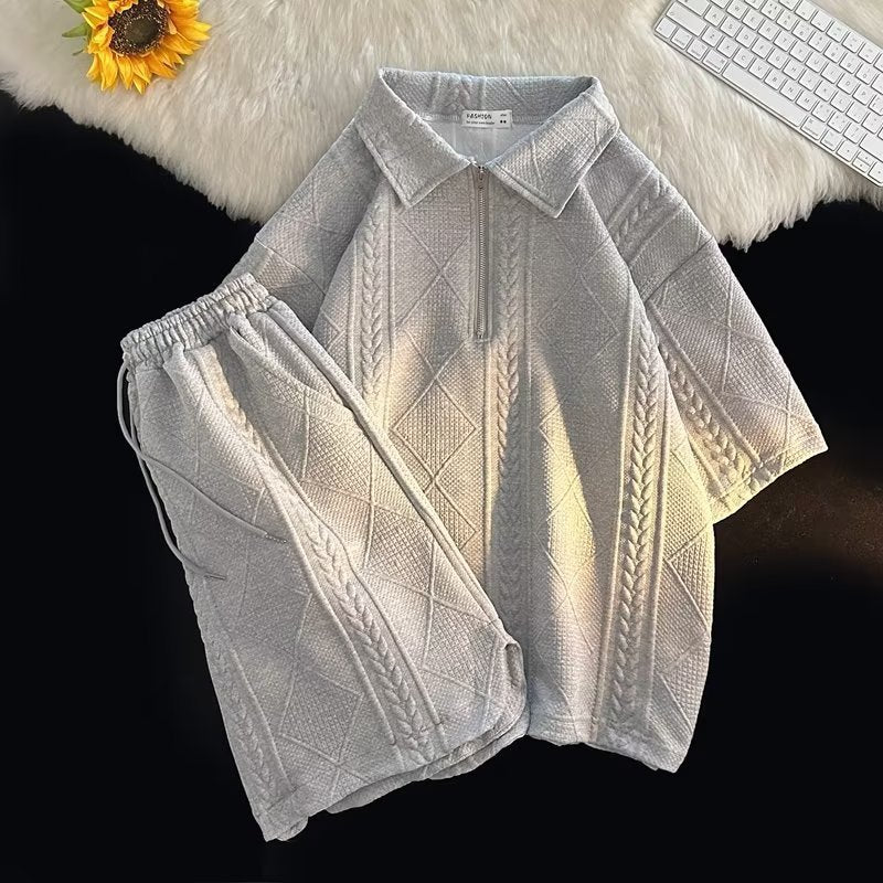 Unisex Waffle Polo Shirt Set Cotton Blend Casual Shorts