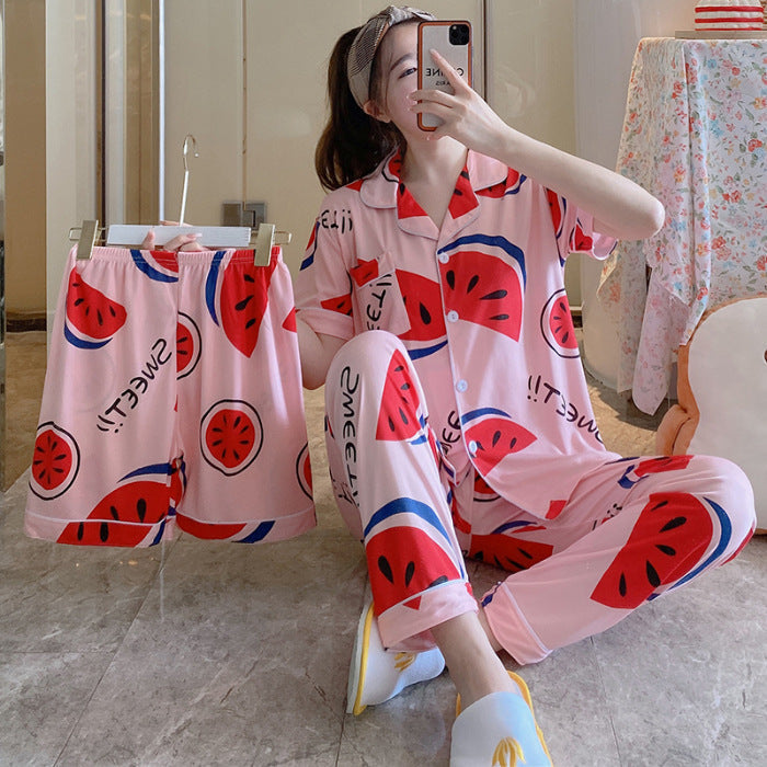 Womens Milk Silk Fruit Print Pajamas Short Sleeve Relaxed