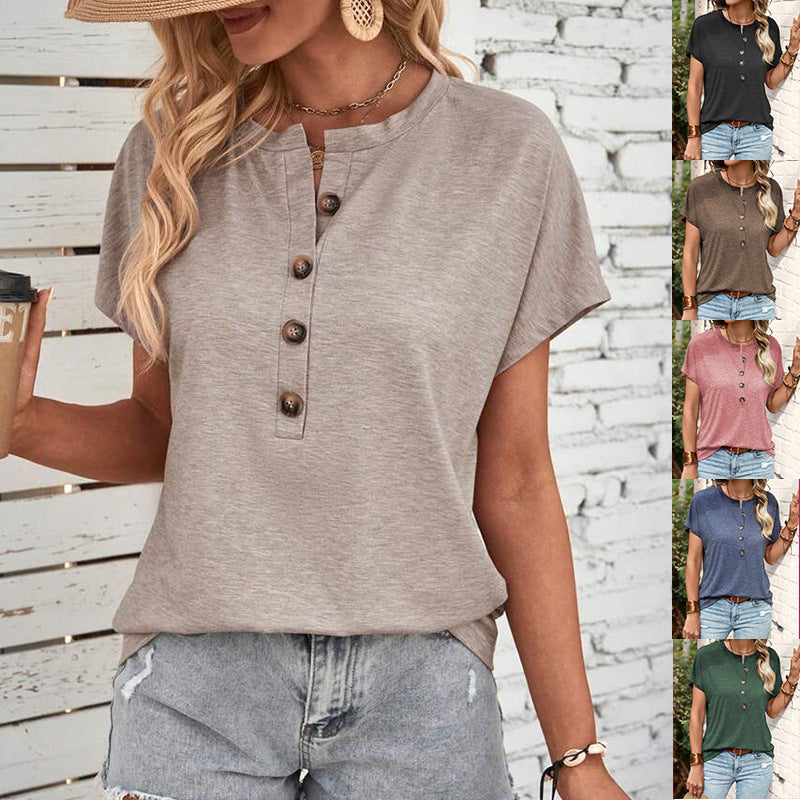 Women's Loose Short Sleeve Button Top Black In Acrylic