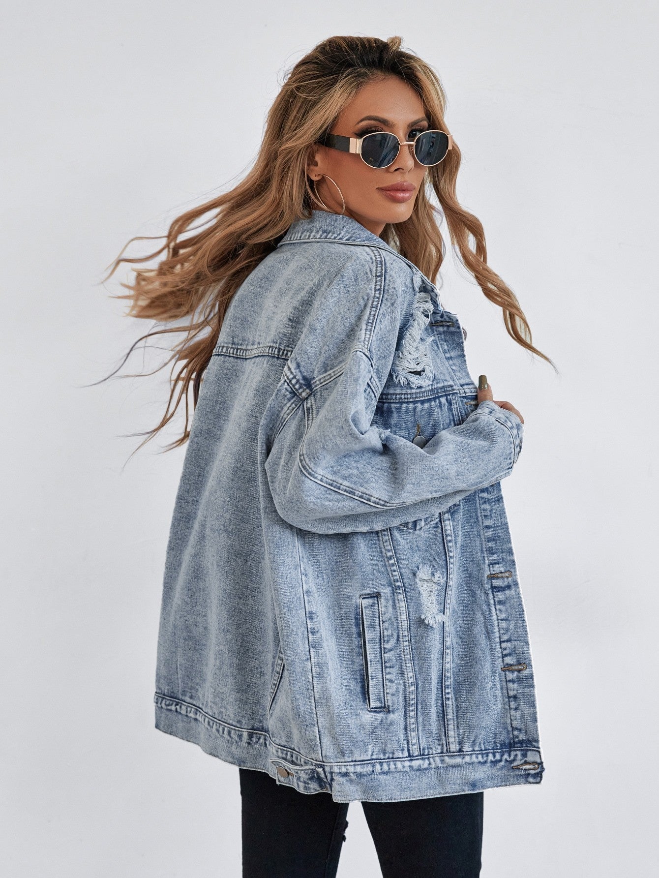 Unisex Drop Shoulder Denim Jacket Front Flap Pocket