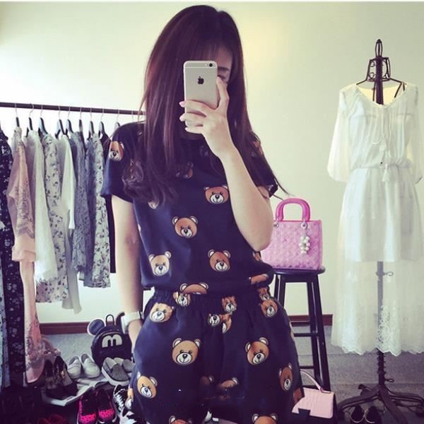 Women's Short Sleeve Cotton Sleepwear Relaxed Bear Pattern