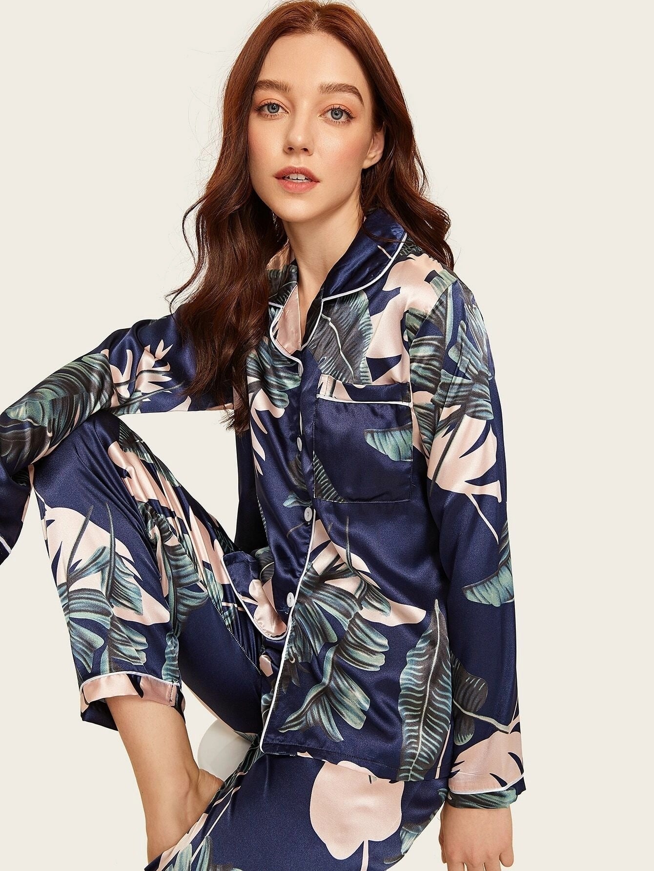 Women's Print Pajama Set Silk Look Polyester Long Sleeve