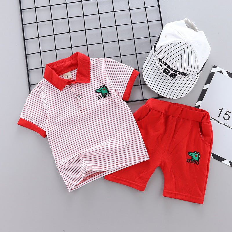 Two-Piece Cartoon Short-Sleeved Striped Polo Shirt