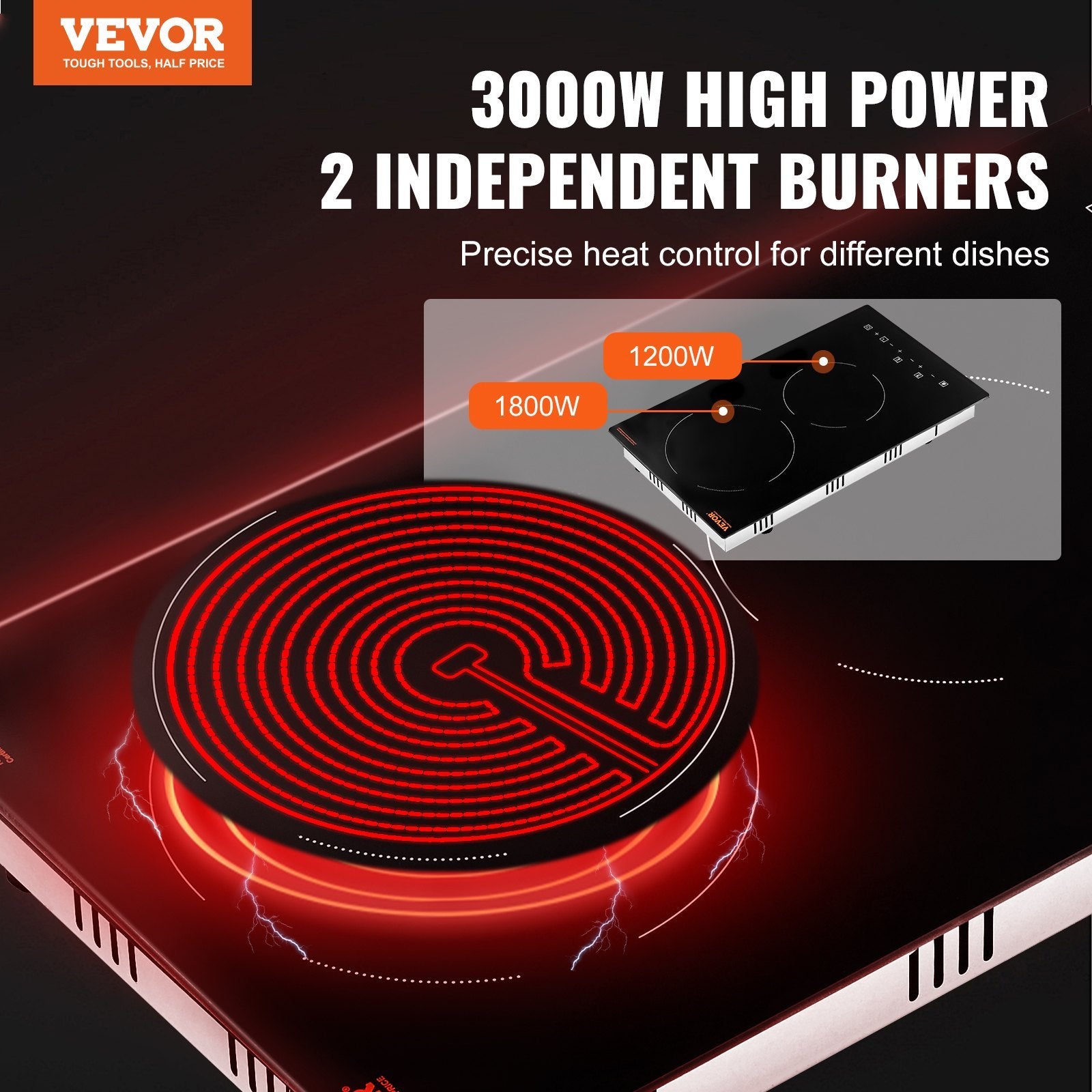 VEVOR Built In Electric Stove Top, 20 X 11.6 Inch 2 Burners, 240V Glass Radiant Cooktop With Sensor Touch Control, Timer & Child Lock Included, 9 Power Levels For Simmer Steam Slow Cook Fry