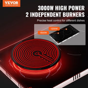 VEVOR Built In Electric Stove Top, 20 X 11.6 Inch 2 Burners, 240V Glass Radiant Cooktop With Sensor Touch Control, Timer & Child Lock Included, 9 Power Levels For Simmer Steam Slow Cook Fry
