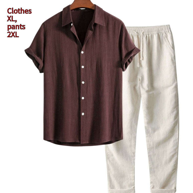 Men's Casual Loose Multi-color Beachwear Cotton And Linen Short Sleeve Suit Two-piece Set