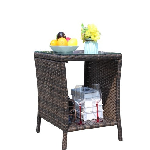 Brown PE Rattan Outdoor Coffee Table with Clear Tempered Glass