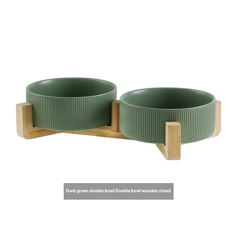 Pet Simple Wooden Frame Anti-tumble Ceramic Bowl