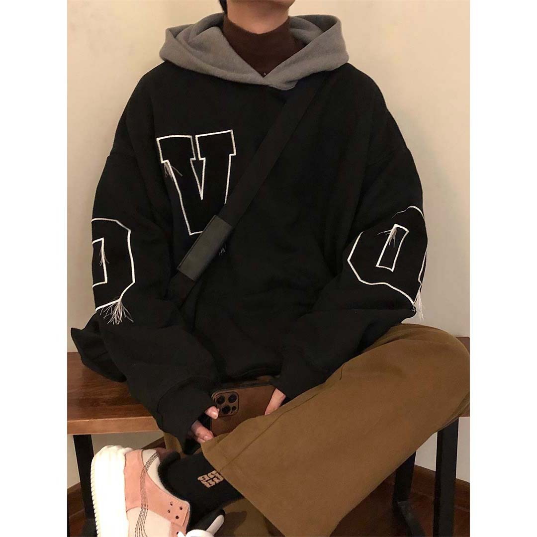 Retro Plush Sports Hoodie – Unisex Loose Fit Couple Jacket