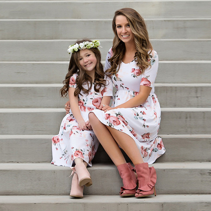 New Parent-Child Digital Print White Dress