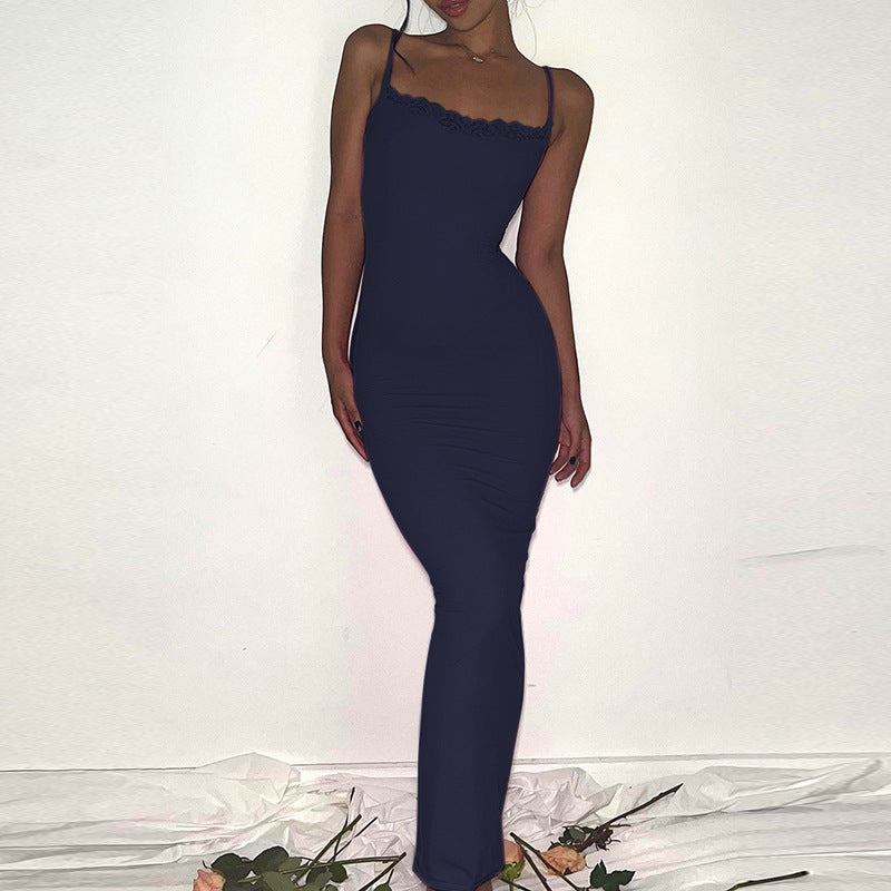 Women's Summer New Solid Color Casual Lace Backless Strap Slim Long Dress