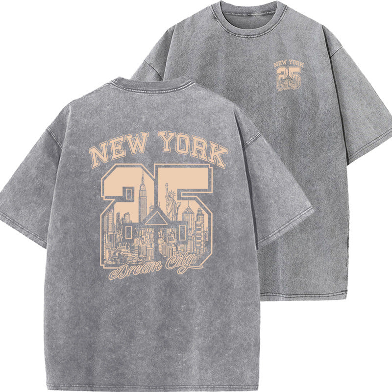 Unisex Relaxed Washed Vintage Print Short Sleeve Cotton Tee
