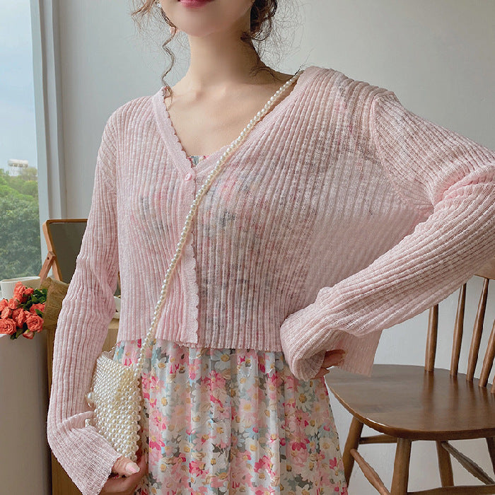 Short Ice Silk Sun Protection Outerwear Knitted Cardigan Women Coat Sling Dress Small Outerwear