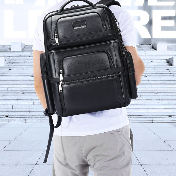 Men's Genuine Leather Commuter Backpack Solid Color Cowhide
