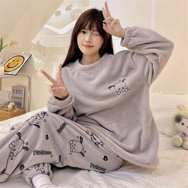 Womens Coral Fleece Winter Pajamas Relaxed Fit Long Sleeve